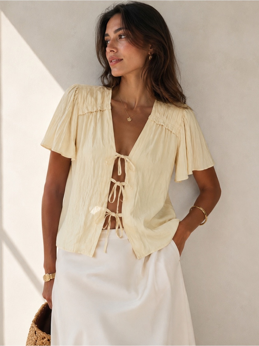 Ramy Brook New York Pale Yellow Tie-Front Blouse — Size M
